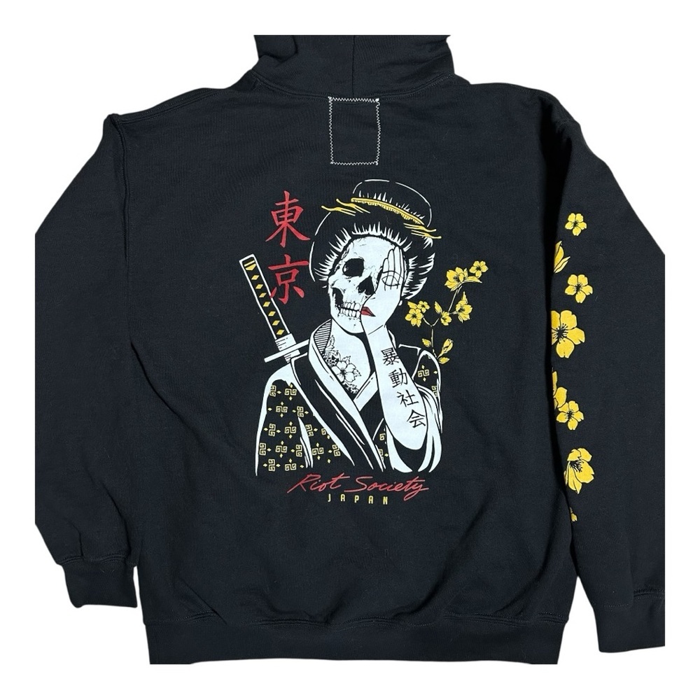 Riot Society Geisha Shame Black Hoodie with Yellow Floral Skull Design Size M